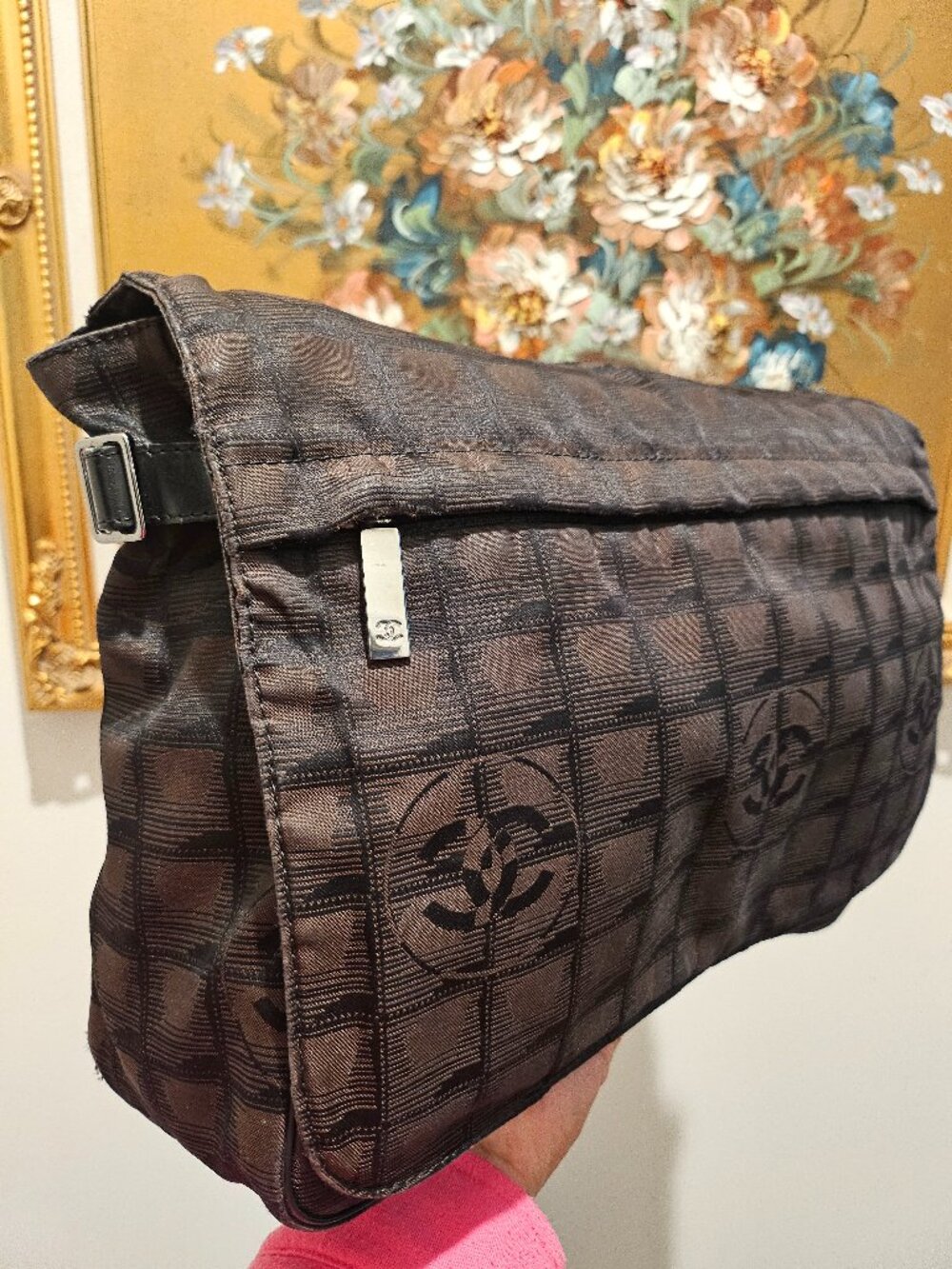 Chanel Travel Line Flap Messenger Canvas Nylon Dark Brown / Black